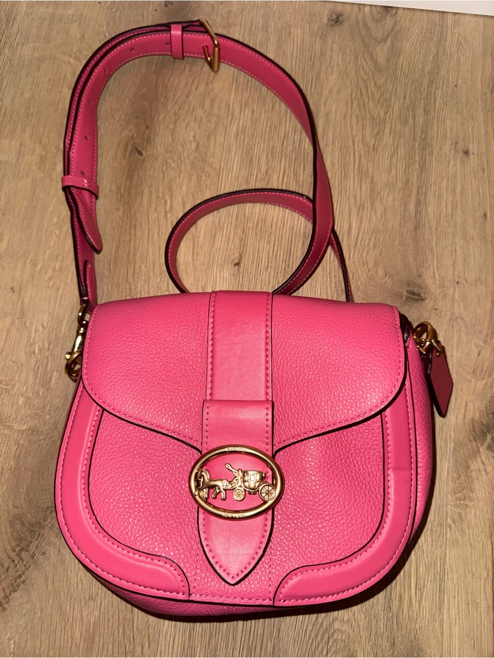 Coach Pink Leather Small Saddle Crossbody with Gold Hardware
